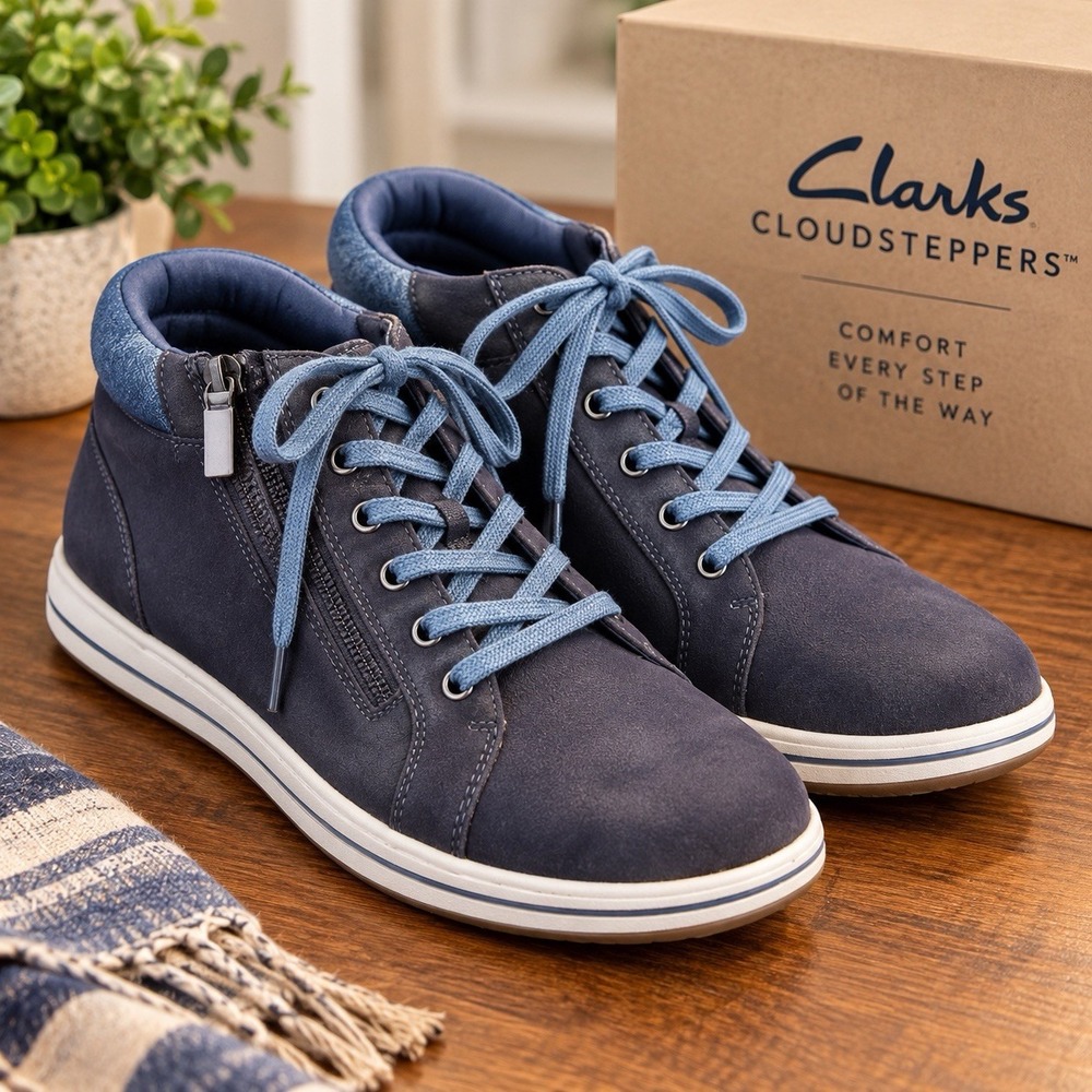 Clarks Cloudsteppers Women's 6.5 M Navy High Top Sneakers Side Zip Cushion Soft
